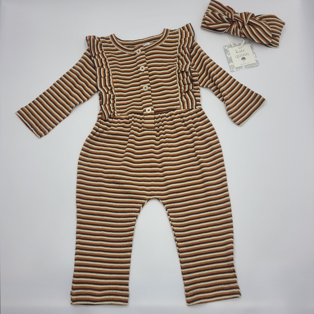 NEW Kate Quinn baby girl striped jumpsuit and headband size 6-12 months